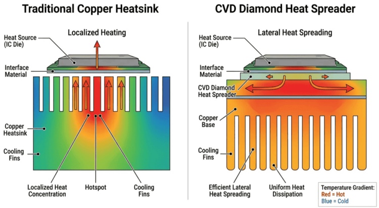 Cov Khoom Siv Tooj Liab Ib Txwm Muaj vs CVD Pob Zeb Diamond Heat Spreader